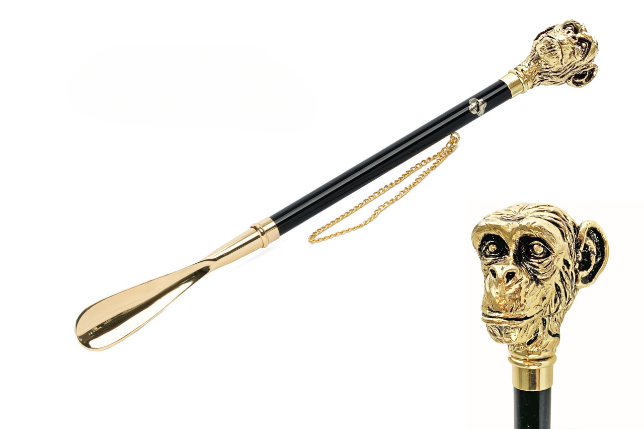 Exclusive Golden Shoehorn with Handcrafted Monkey Handle