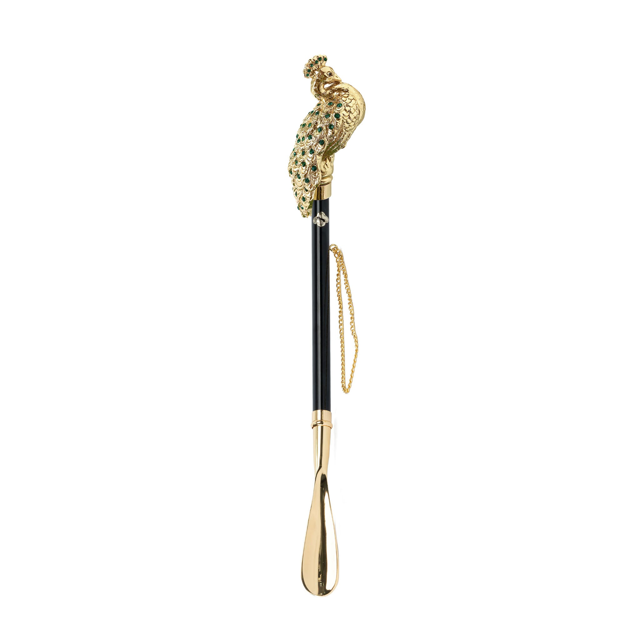 24K Gold-Plated Elegant Peacock-Handled Shoehorn with Emerald Crystals