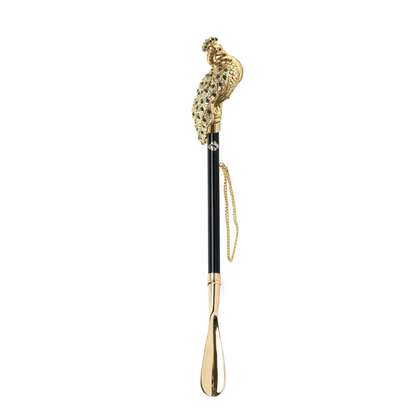24K Gold-Plated Elegant Peacock-Handled Shoehorn with Emerald Crystals