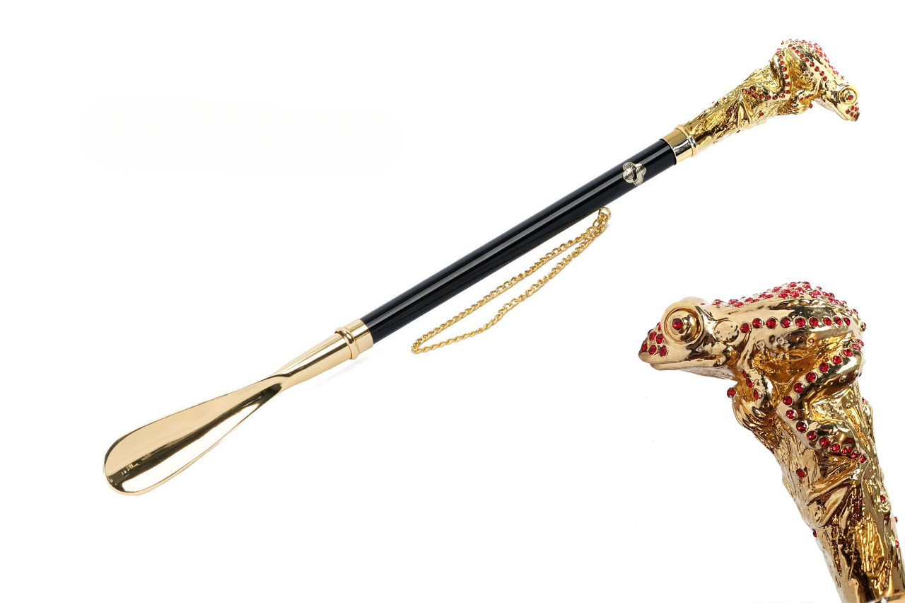 24K Gold-Plated Shoehorn with Artistic Frog Handle and Siam Crystals