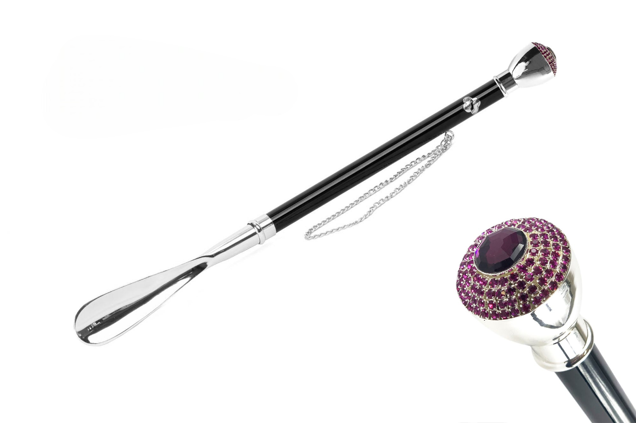 Italian Silver 925 Shoehorn with Amethyst-Encrusted Elegant Knob