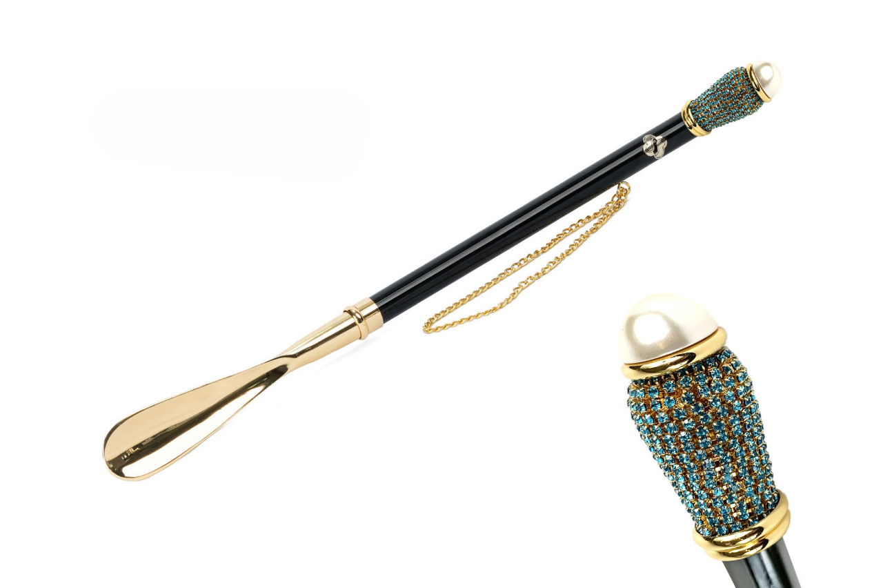 Unique Golden 24K Gold-Plated Shoehorn with Aquamarine Crystals