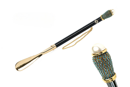 Unique Golden 24K Gold-Plated Shoehorn with Aquamarine Crystals