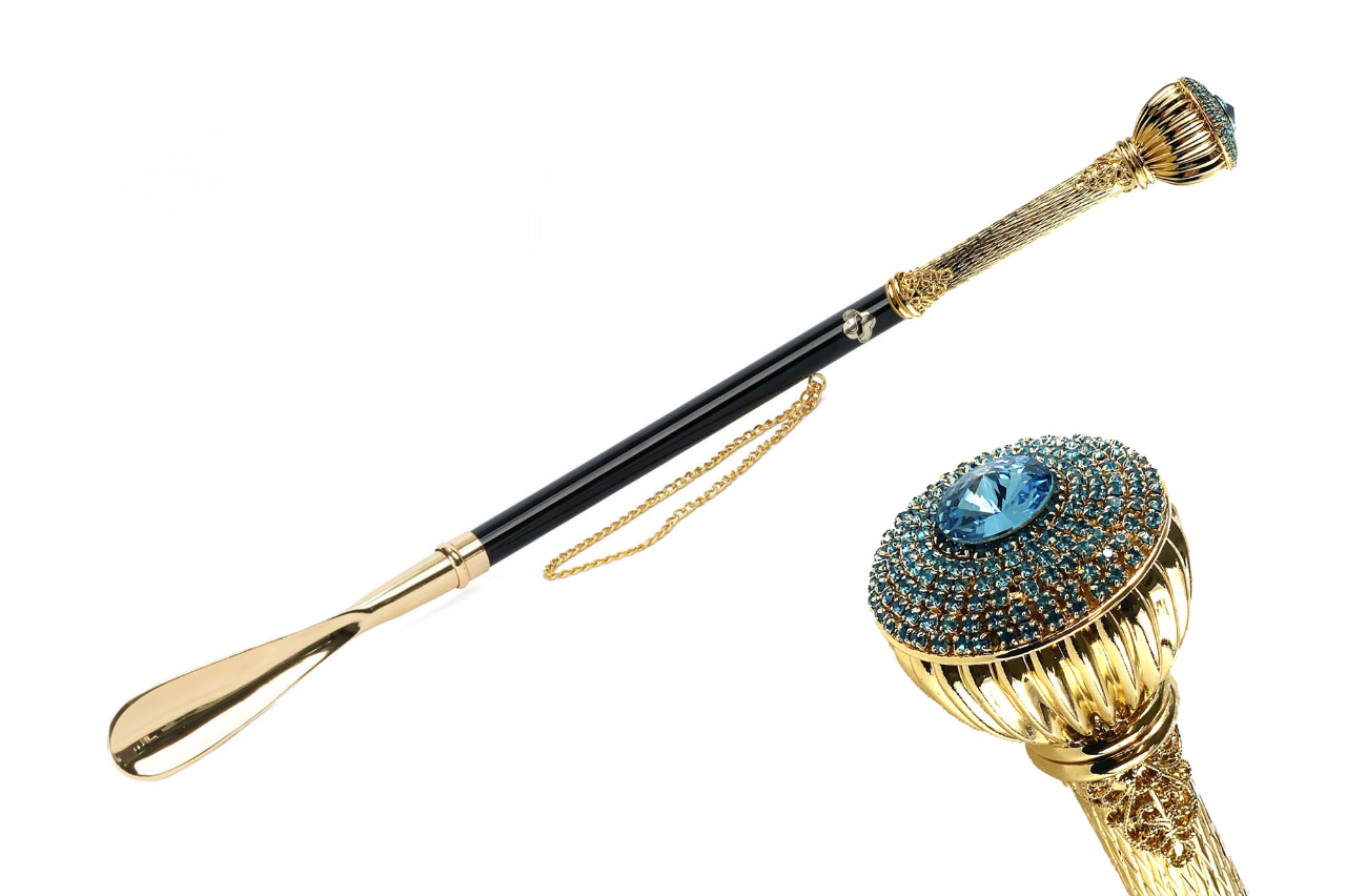 Italian Aquamarine Crystals Handle 24K Gold-Plated Shoehorn
