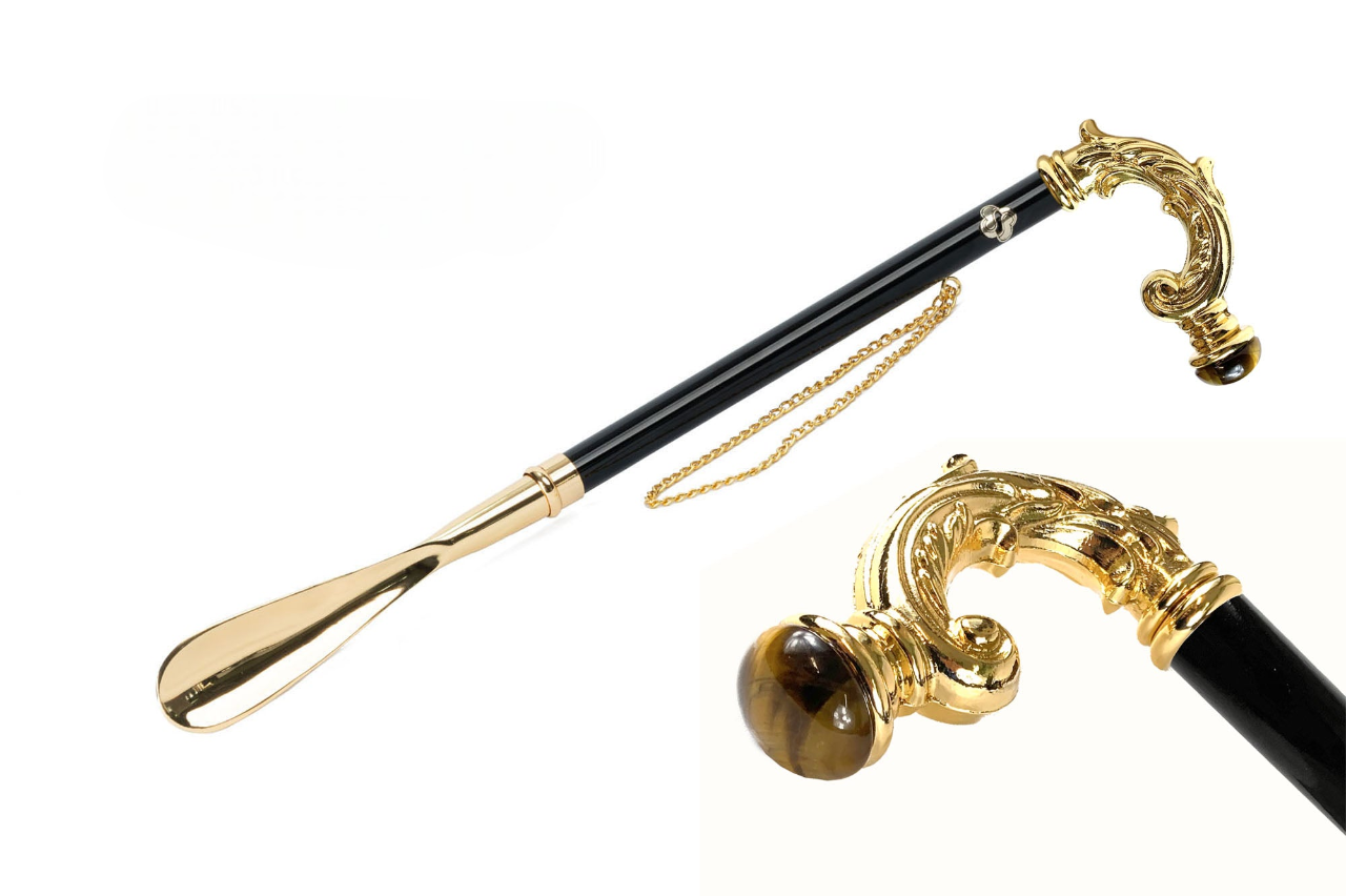 Gold Shoehorn with Tiger’s Eye Stone – Italian Handcrafted Luxury