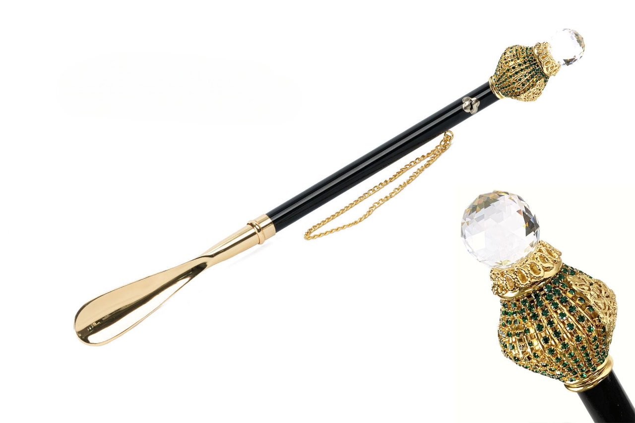 Artisanal Luxury Shoehorn with Emerald Crystals Handle