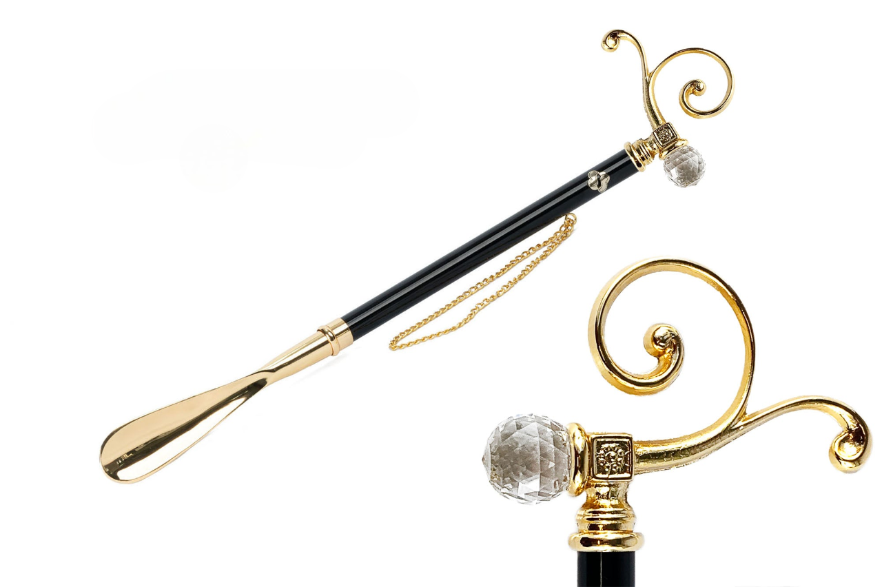 Sculpted Elegant Italian Shoehorn with Gold Crystal Handle