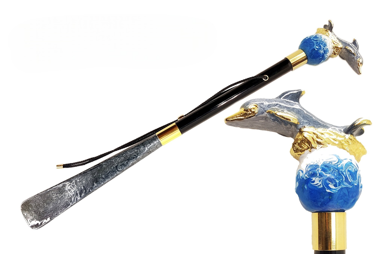 Elegant Italian Shoehorn with Enameled Golden Dolphin Handle
