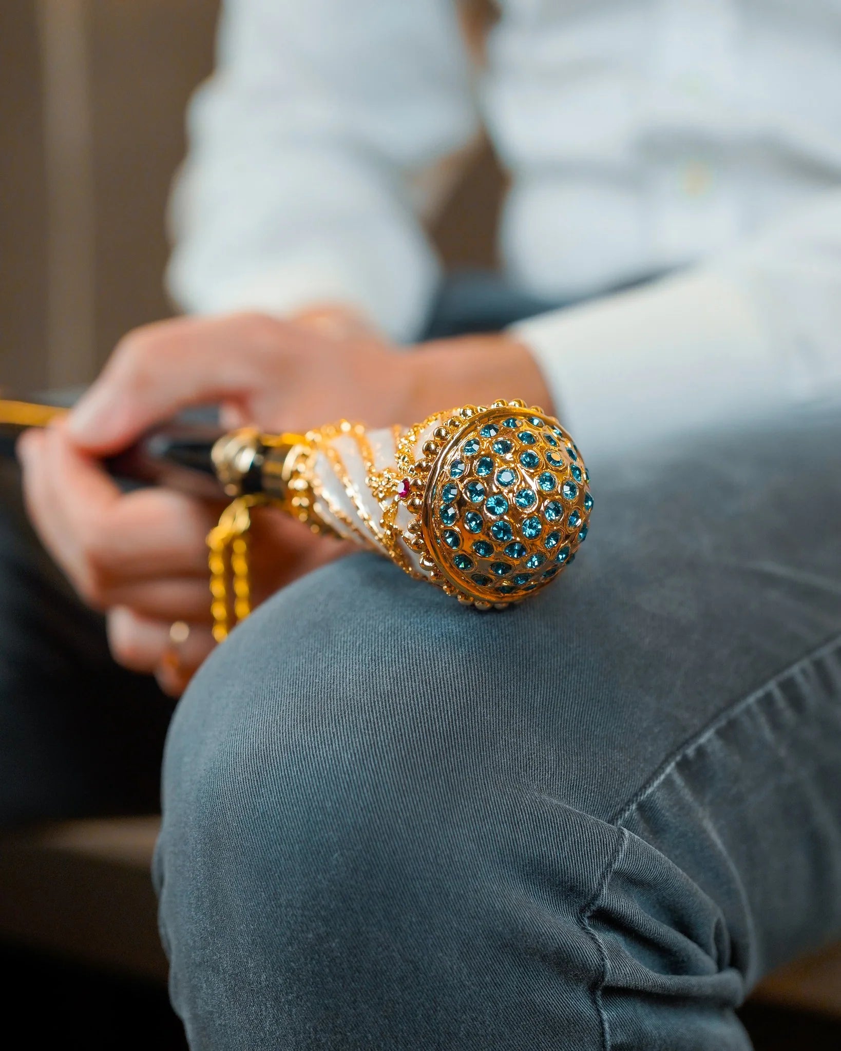 Luxury Gold Walking Cane with Indicolite Crystals – Hand-Painted Art Cane