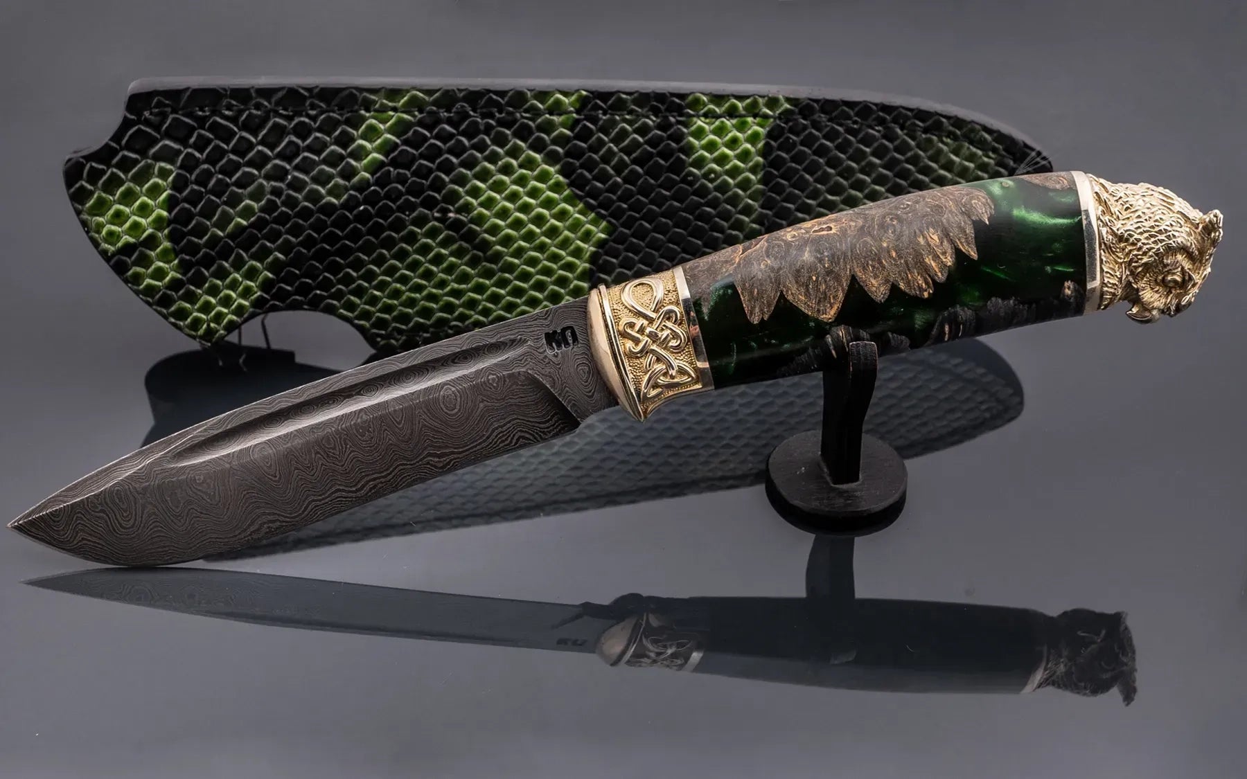 Handmade damascus art knife owl design