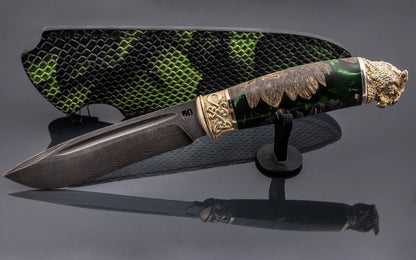 Handmade damascus art knife owl design