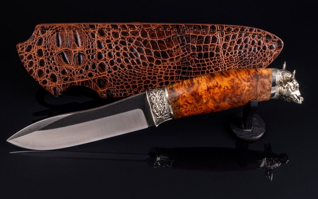 Personalized Handcrafted Knife Brass Bull Maple Burl - Elegant Knives