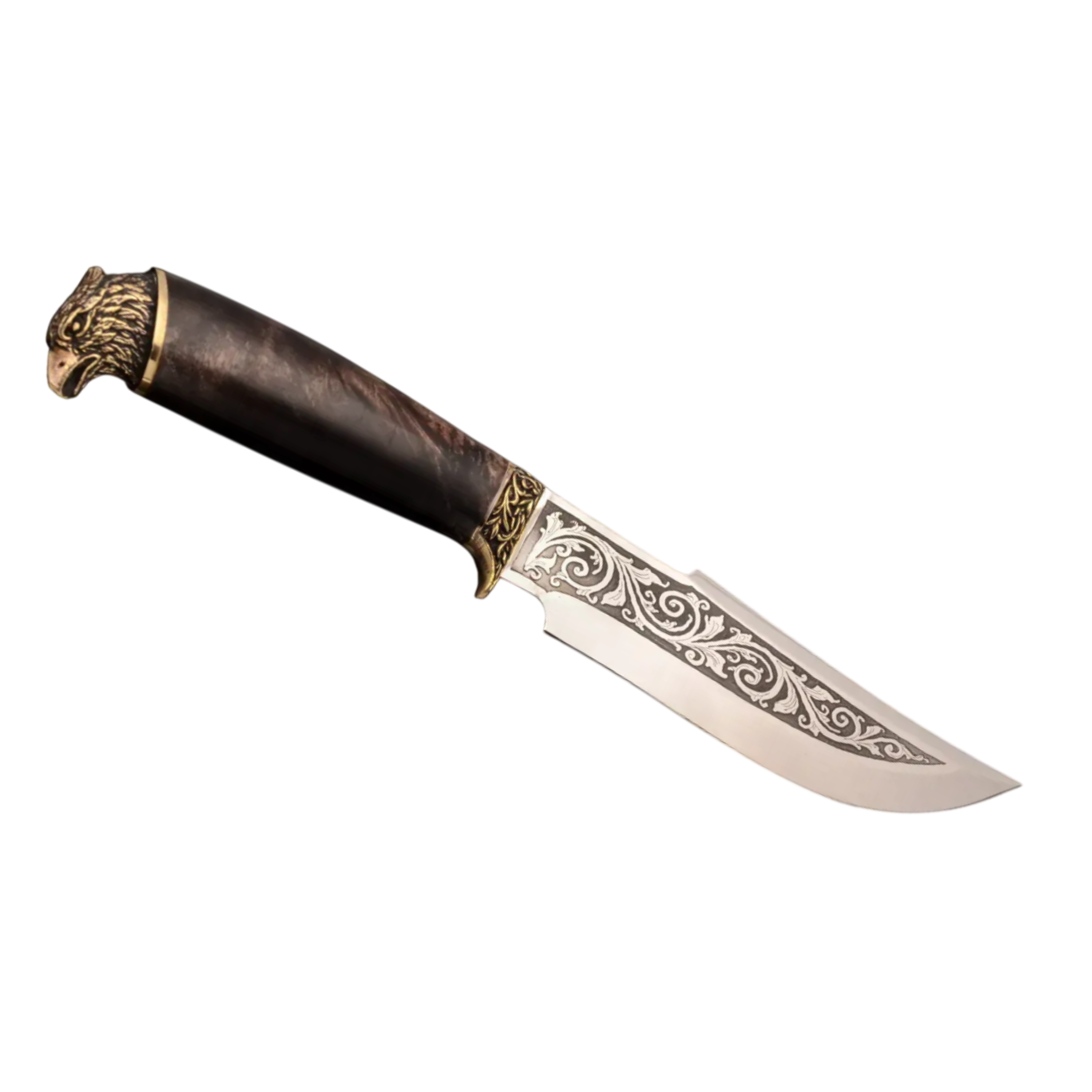 Falcon Motif Hunting Knife with Stainless Steel Blade and Burl Handle