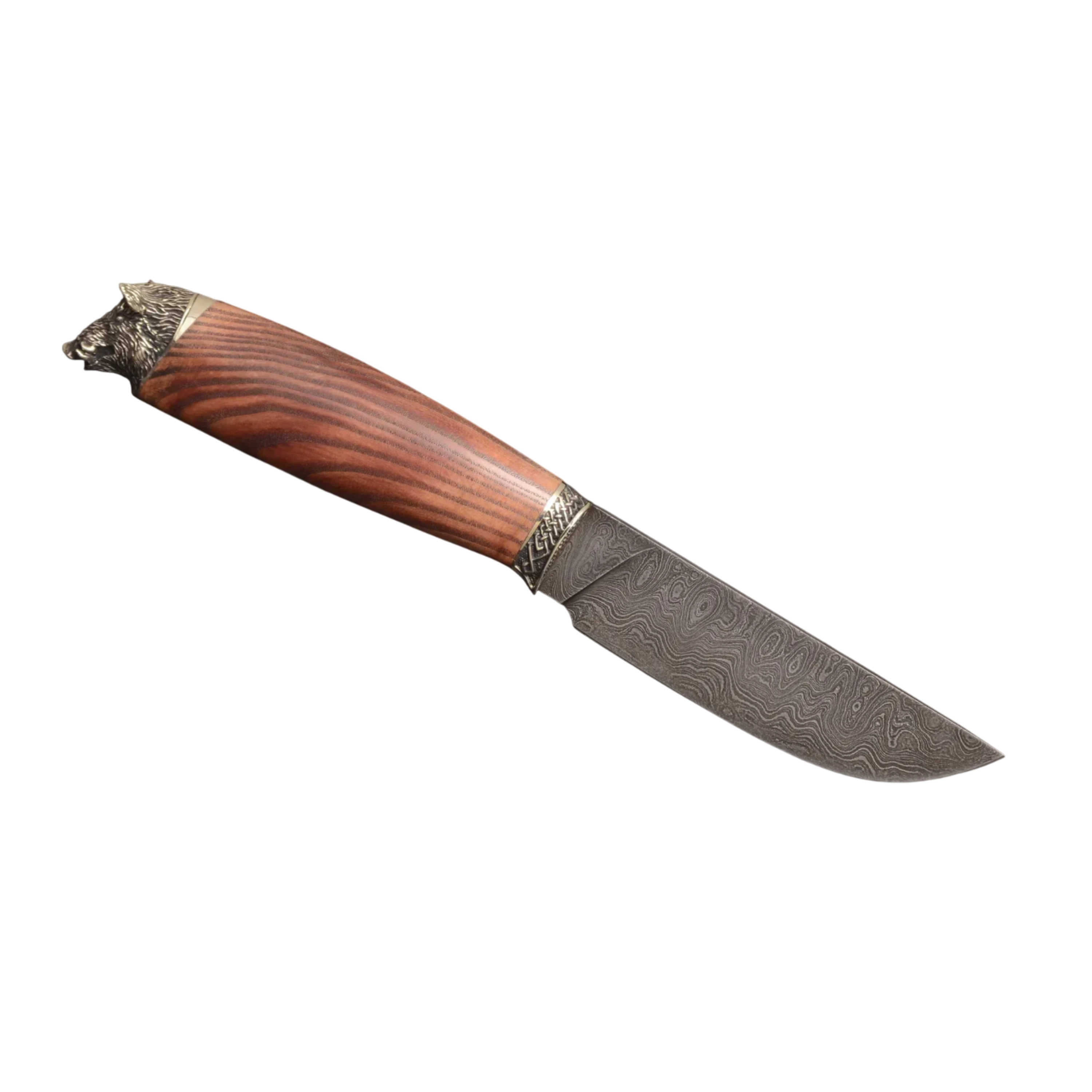 Hunting Knife with Damascus Steel Boar Head Handle – Walnut End Grain