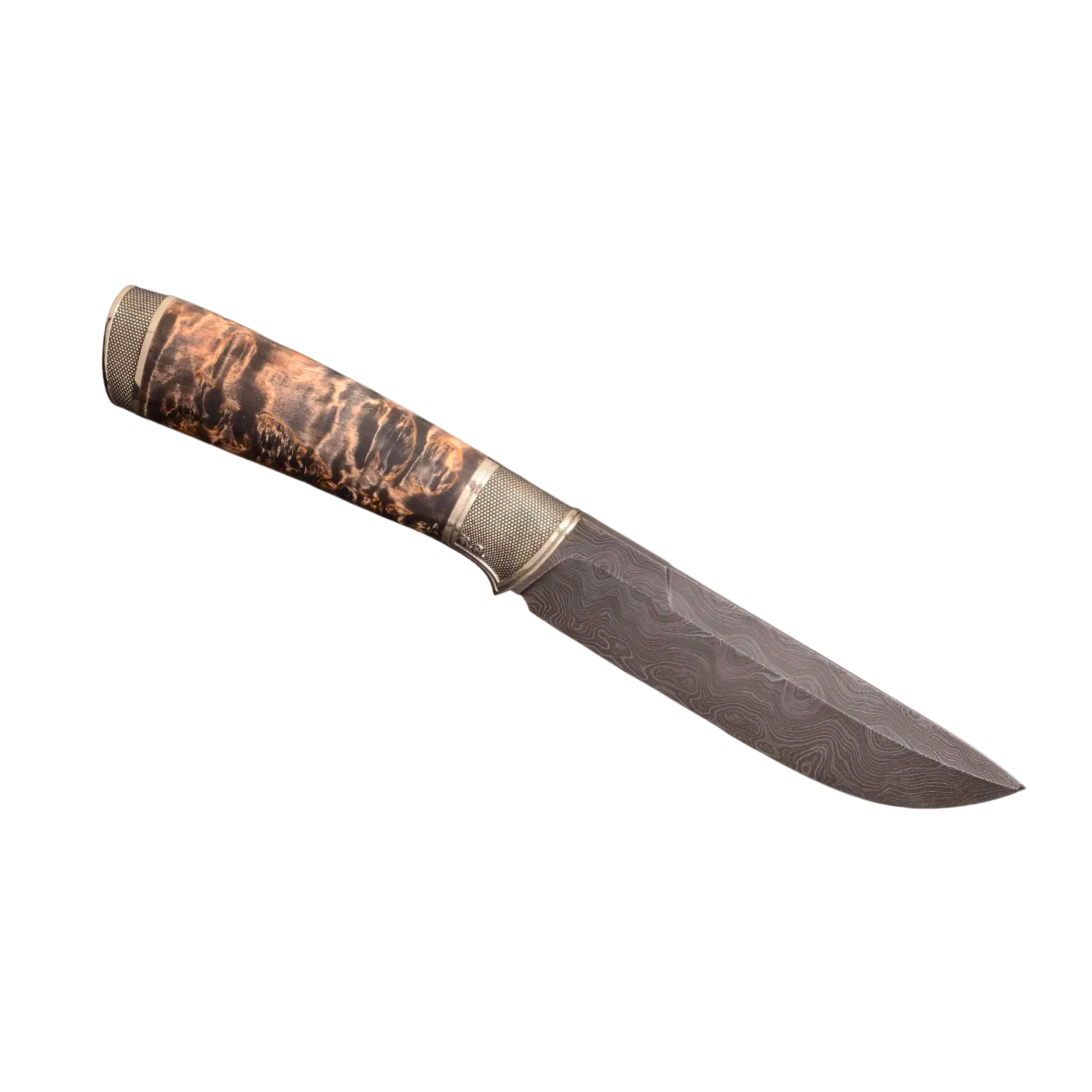 Elegant Hunting Knife with Damascus Steel Blade and Leather Sheath
