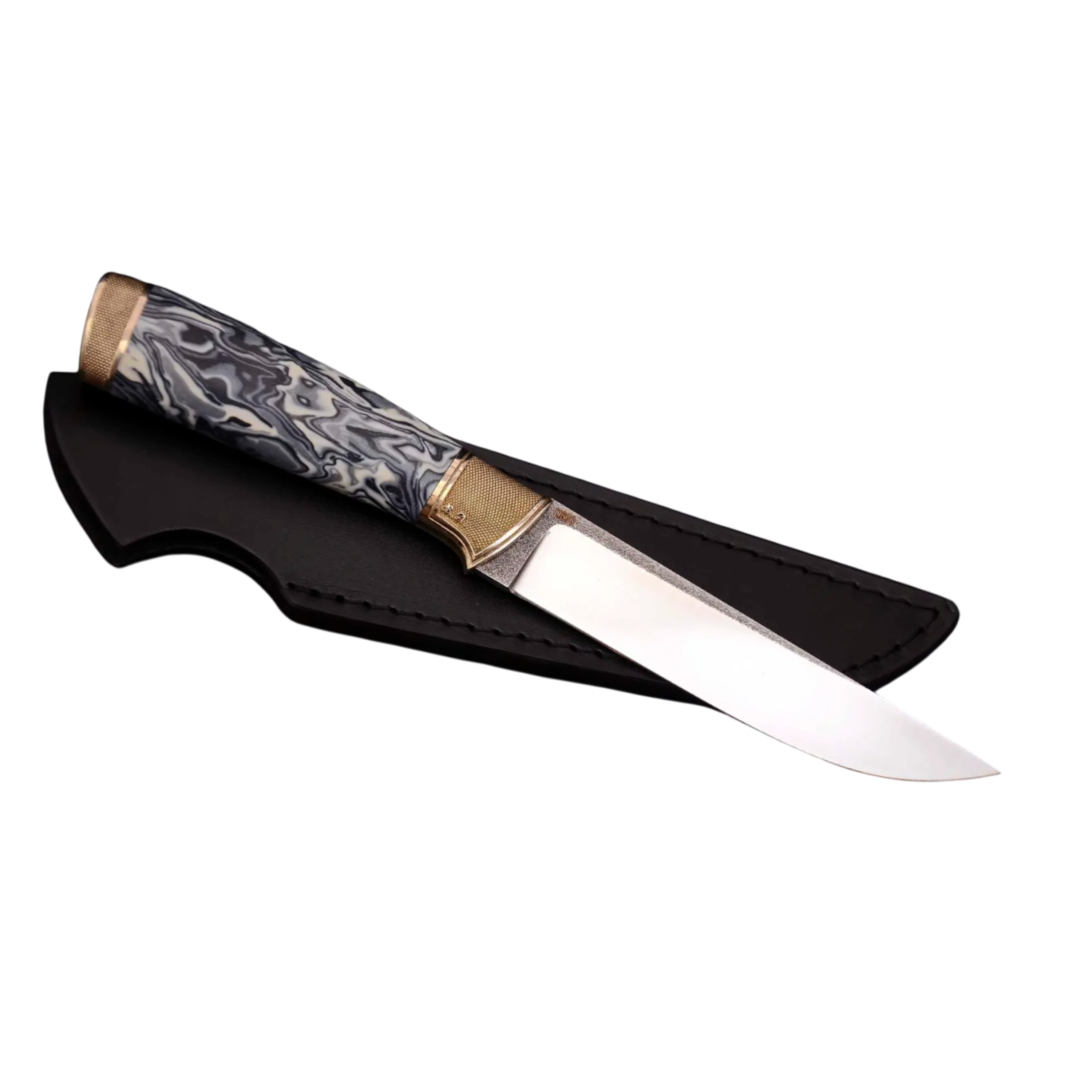 Ivory and Grey Handle Hunting and Fishing Knife with Leather Sheath