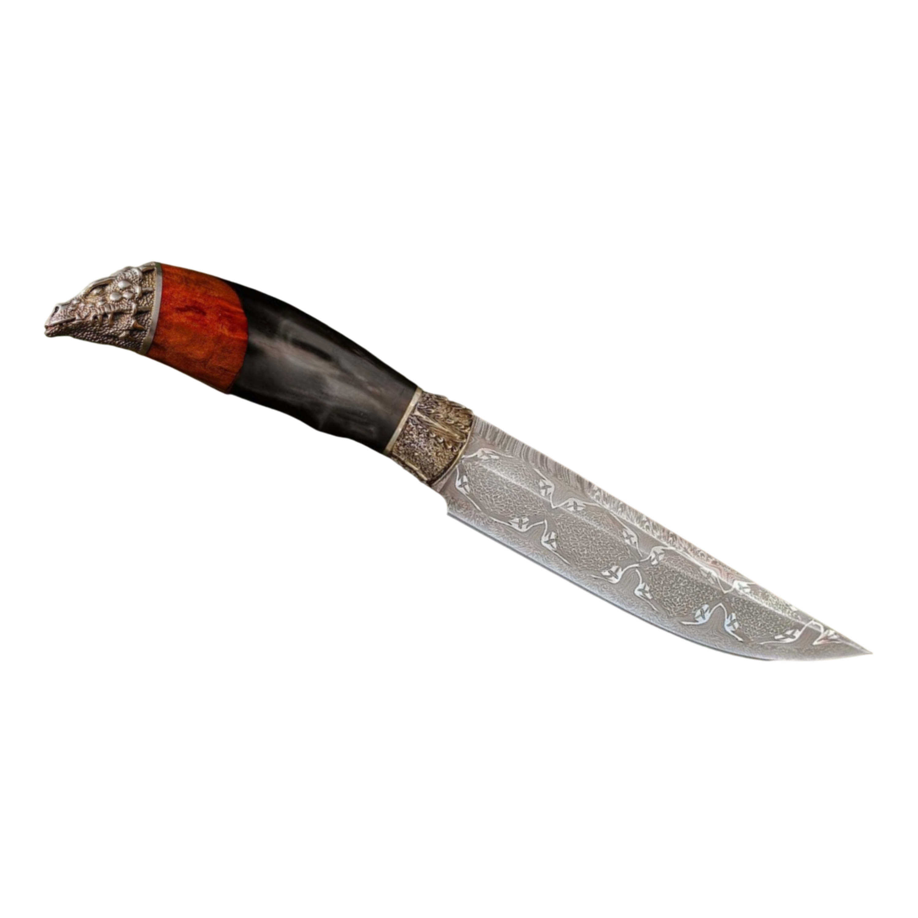 Unique Damascus Hunting Knife Dragon Head Maple Burl