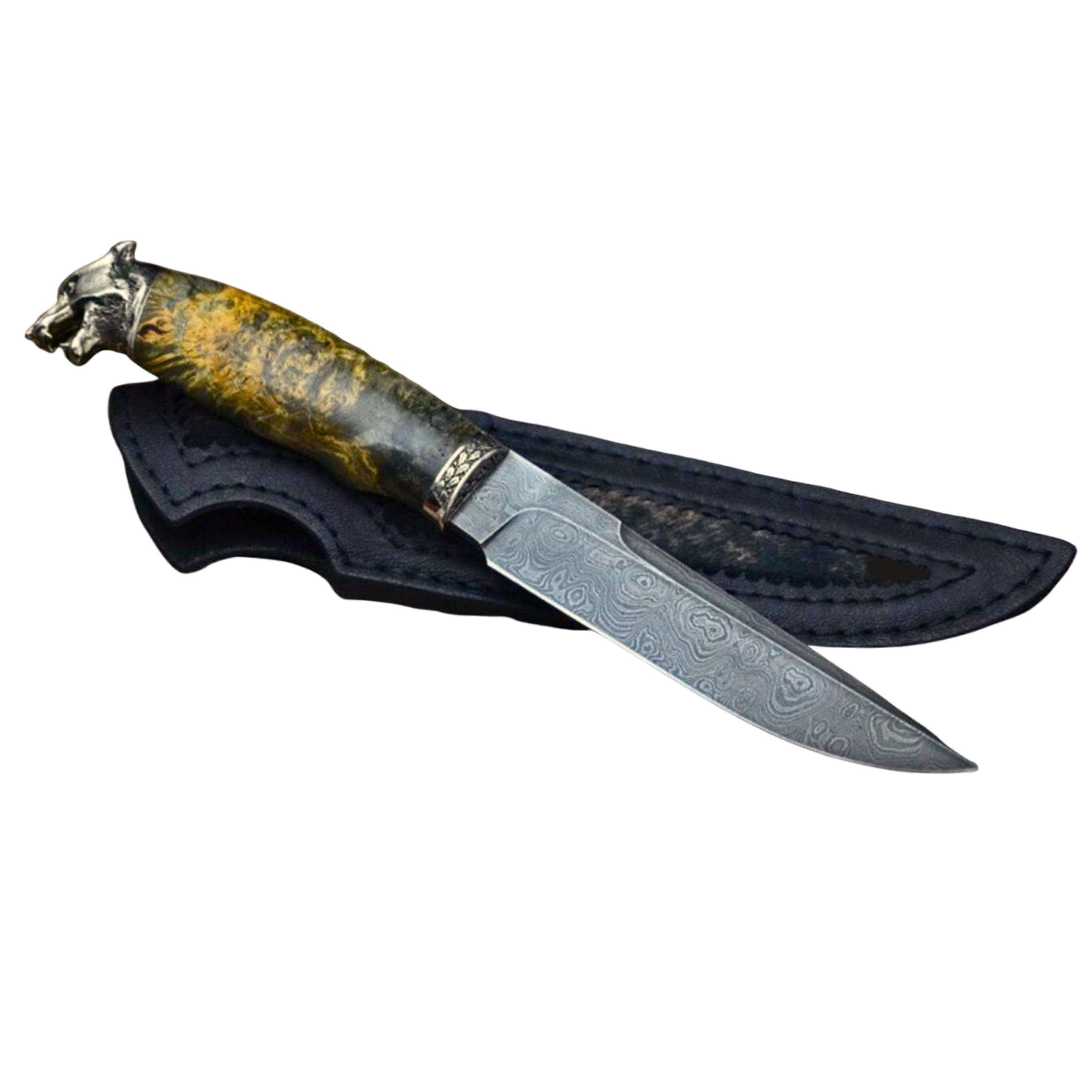 Wolf Damascus Steel Knife Unique Fancy Handle Maple Burl