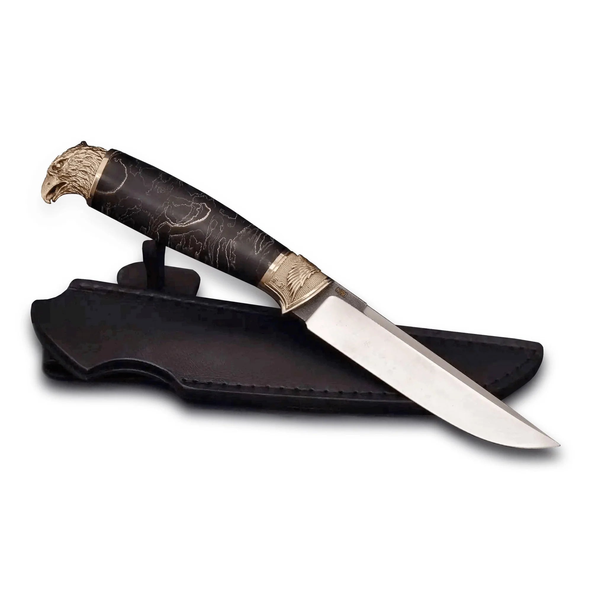 Designer Dark Hawk Knife with Leather Sheath, Exclusive Materials