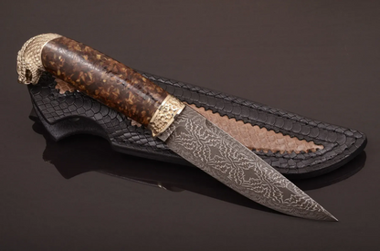 Exclusive Collectible Knife with Mosaic Damascus Steel Blade and Amber Handle