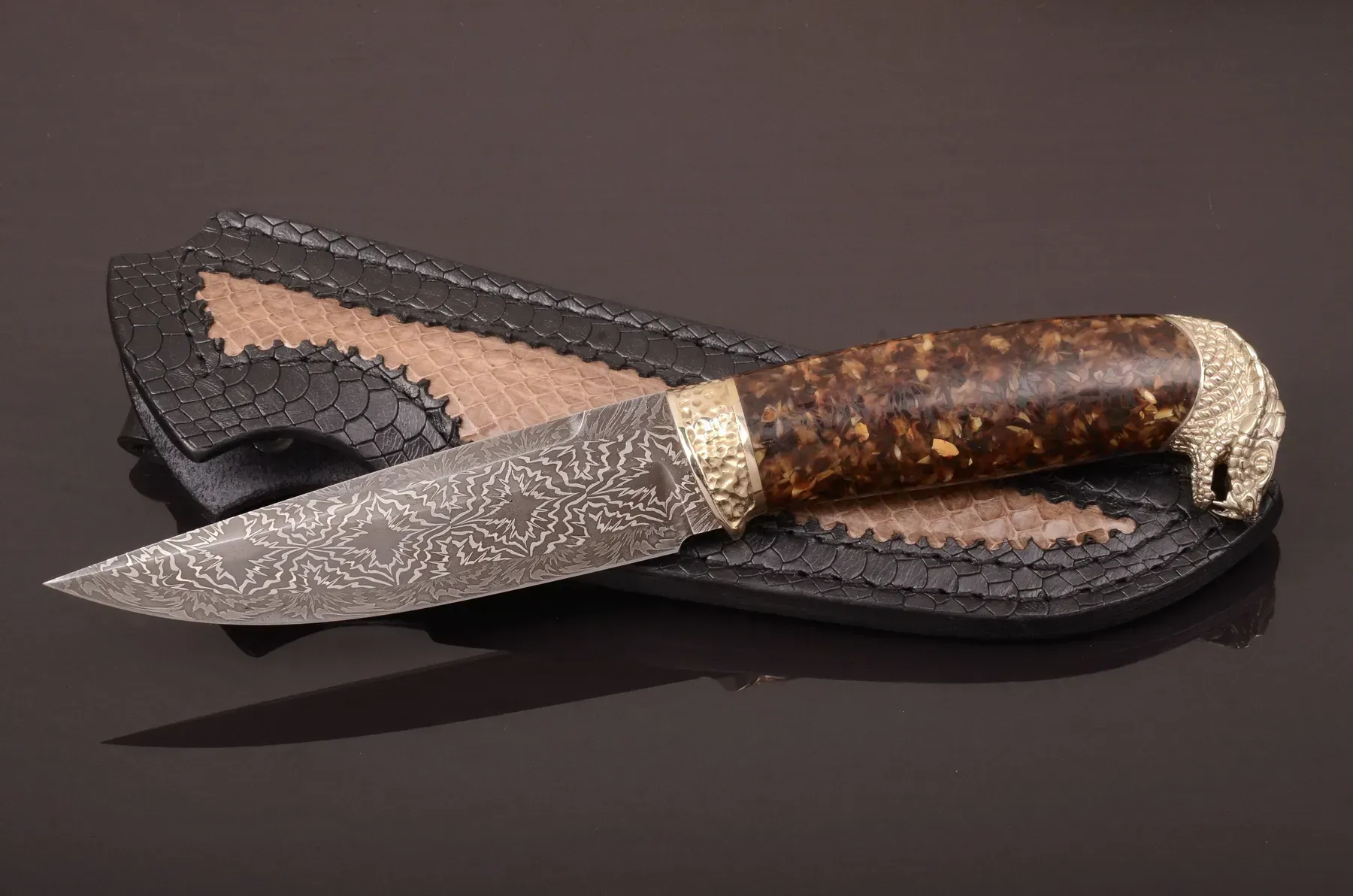Exclusive Collectible Knife with Mosaic Damascus Steel Blade and Amber Handle