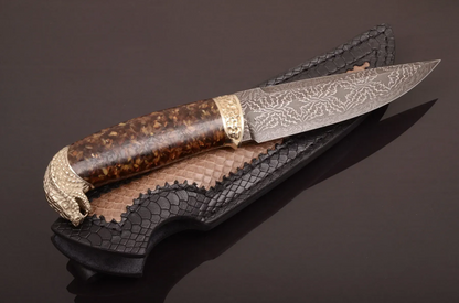 Exclusive Collectible Knife with Mosaic Damascus Steel Blade and Amber Handle