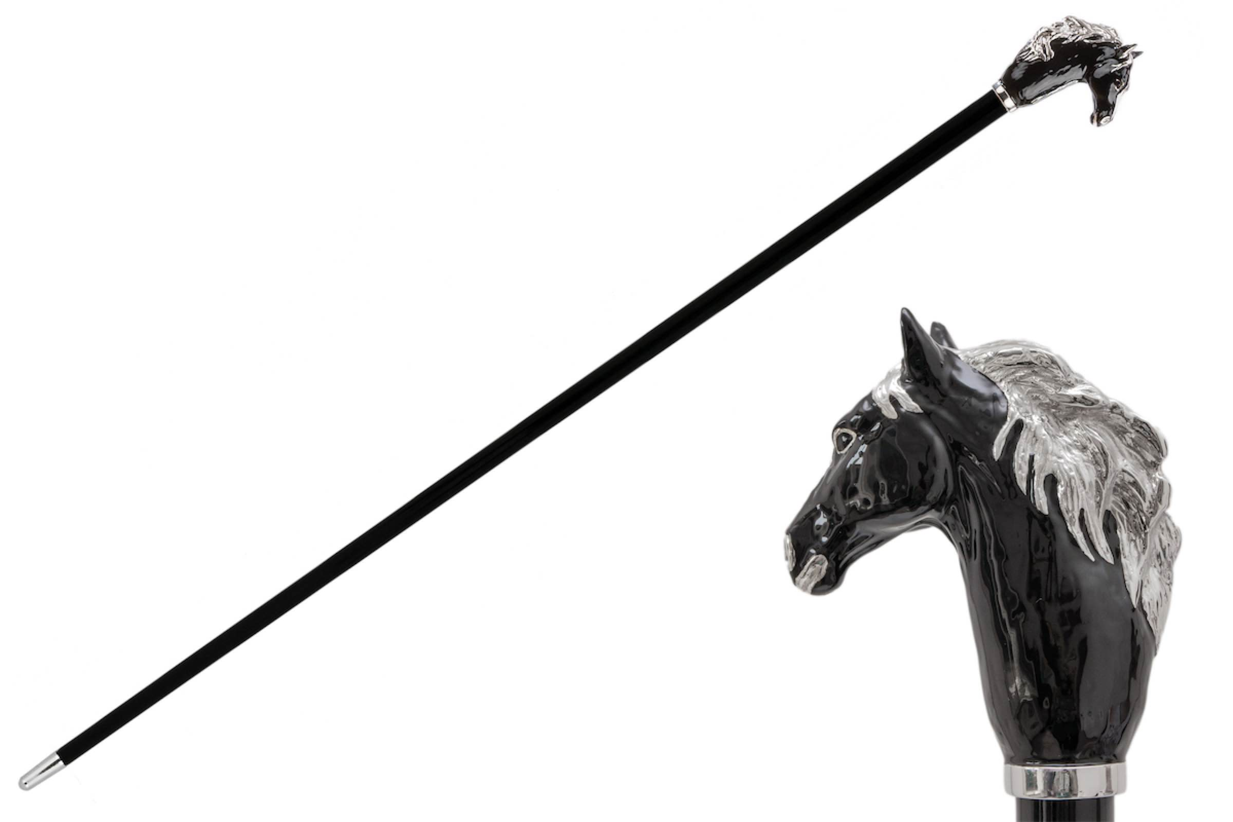 Luxury Black Horse Handmade Walking Cane – Enameled Brass Handle