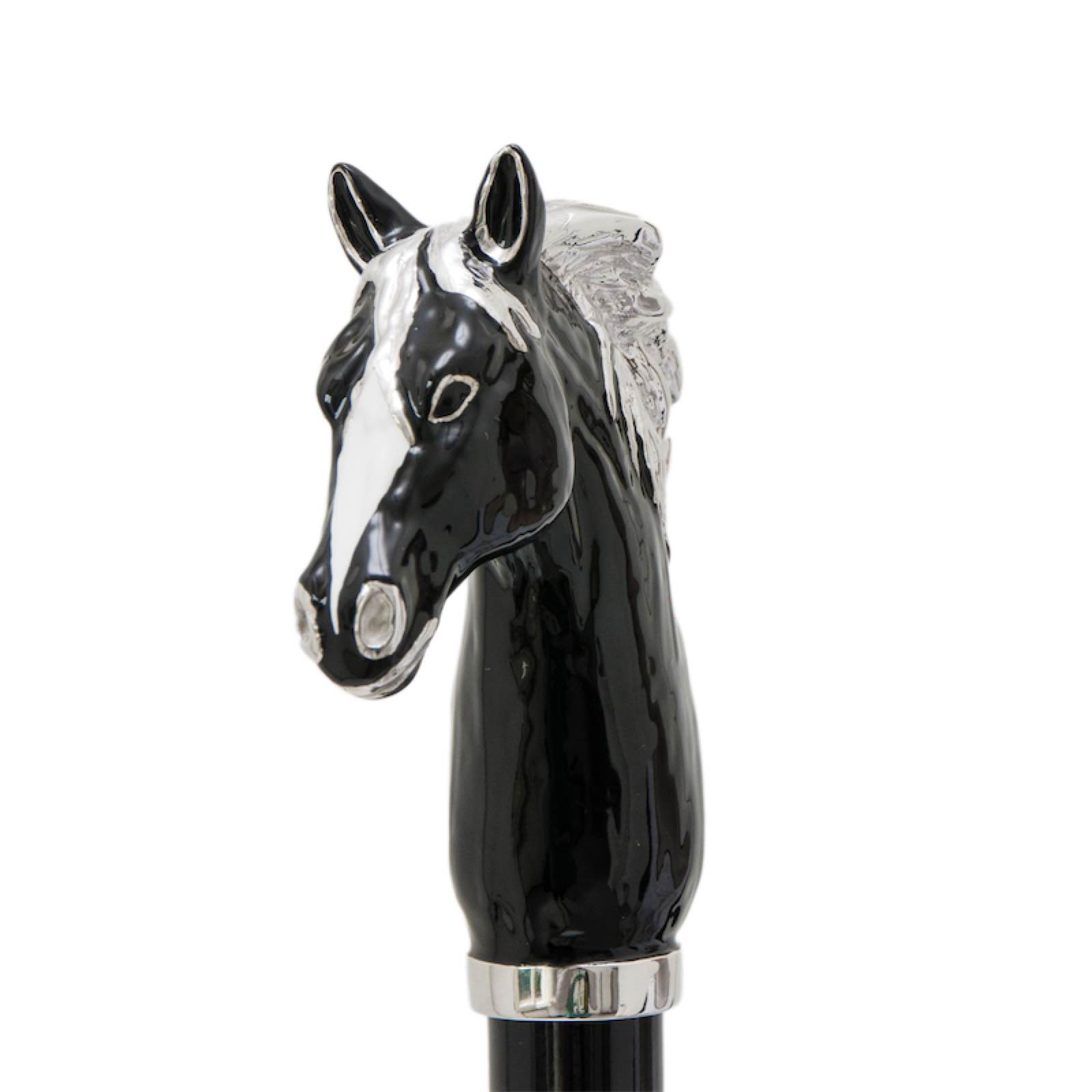 Luxury Black Horse Handmade Walking Cane – Enameled Brass Handle