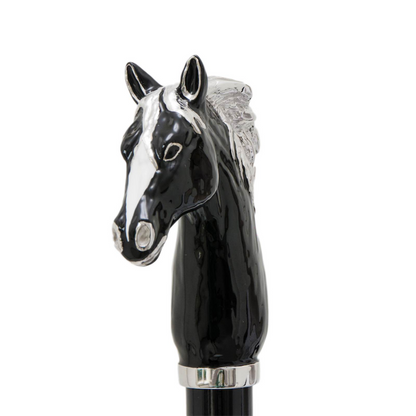 Luxury Black Horse Handmade Walking Cane – Enameled Brass Handle