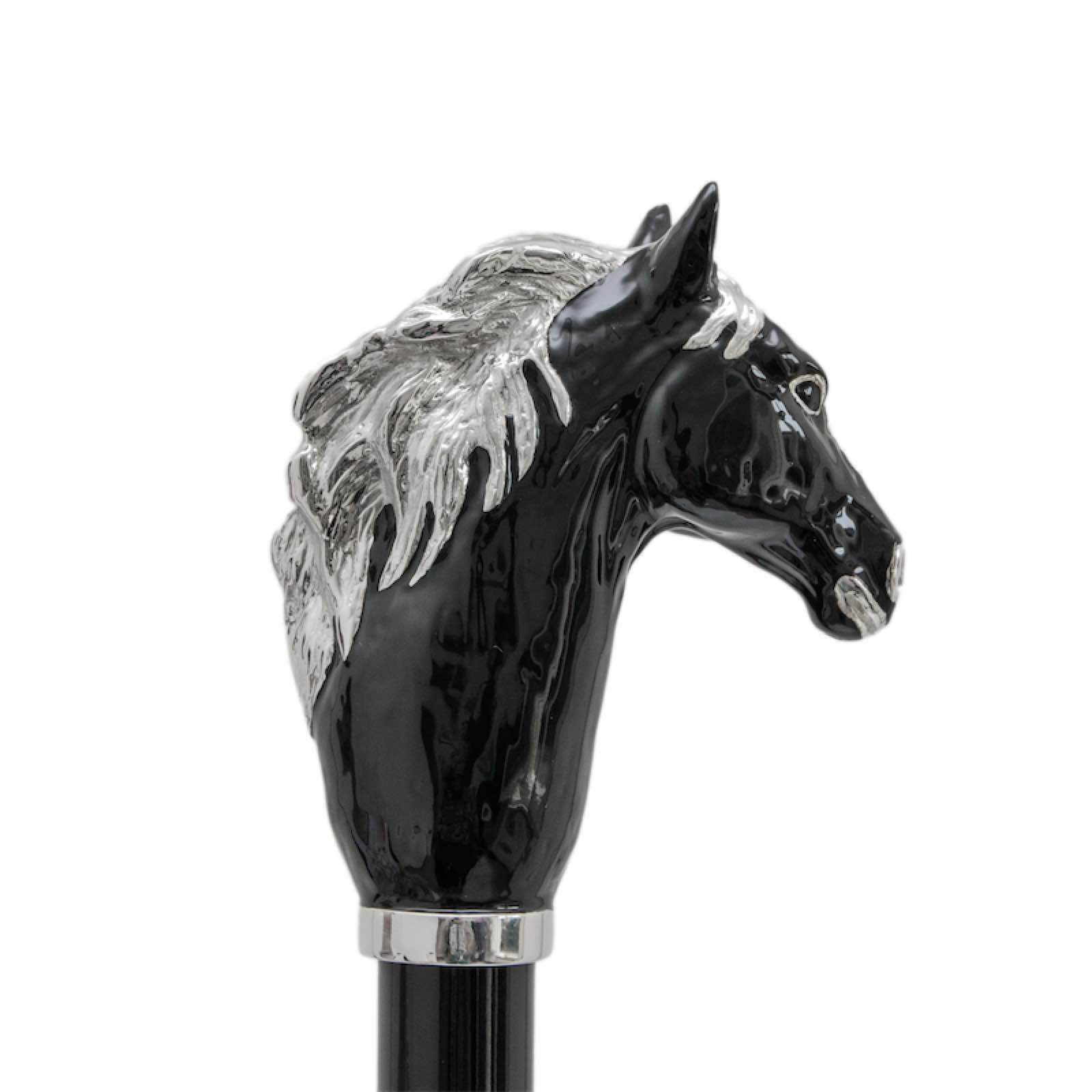 Luxury Black Horse Handmade Walking Cane – Enameled Brass Handle