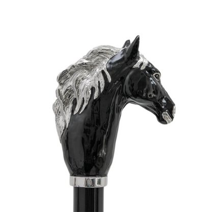 Luxury Black Horse Handmade Walking Cane – Enameled Brass Handle
