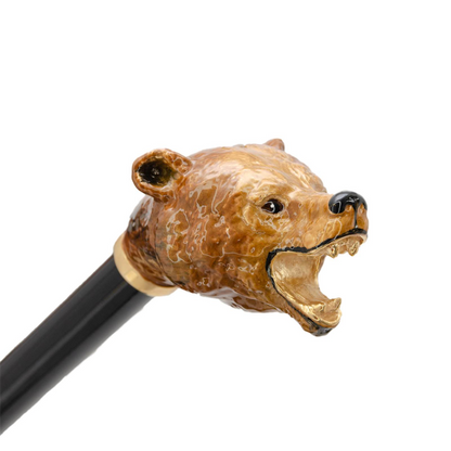 Luxury Brown Bear Handmade Walking Cane with Enameled Brass Handle