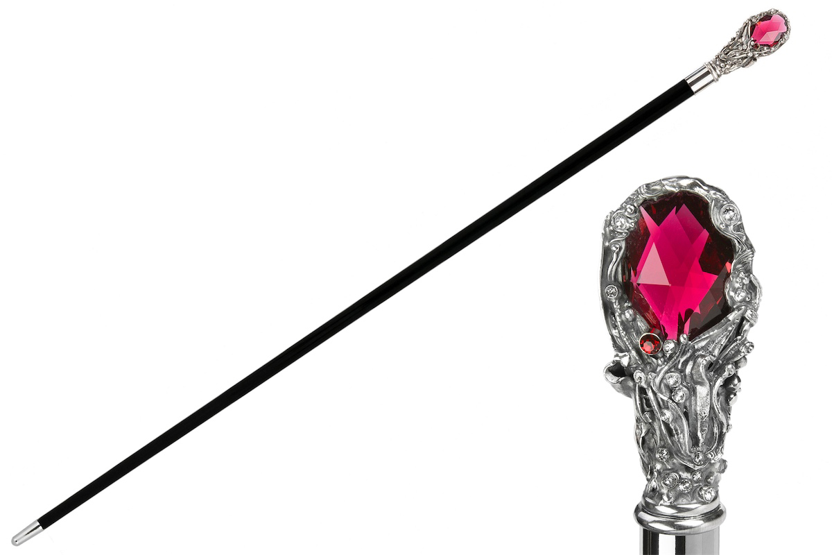 Luxury Red Gem Walking Cane with Crystal-Encrusted Brass Handle
