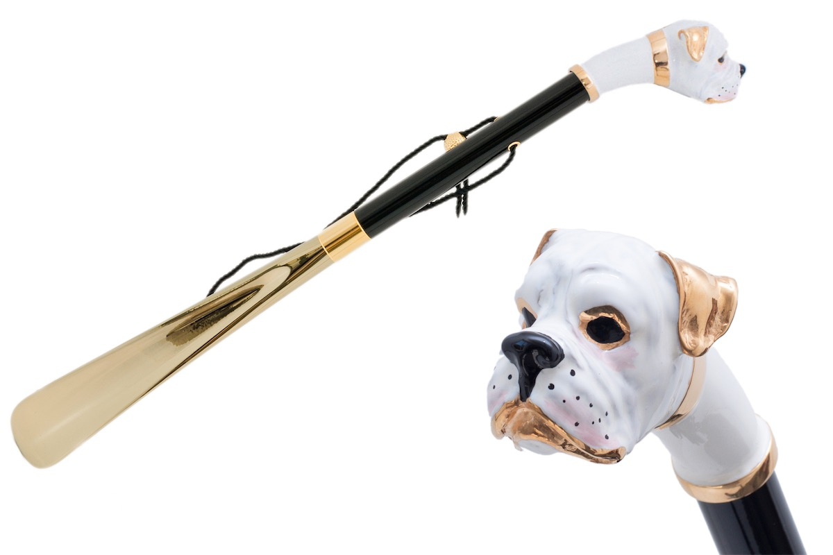 White Boxer Enameled Brass Handle Shoehorn – Handmade in Italy