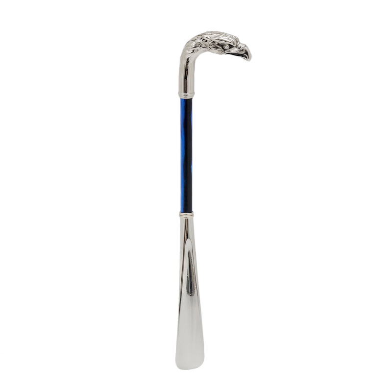 Unique Silver Eagle Handle Blue Shoehorn – Handmade in Italy