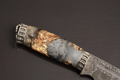 Luxury Damascus Steel Knife with Hybrid Handle and Leather Sheath - Elegant Knives