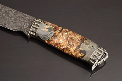 Luxury Damascus Steel Knife with Hybrid Handle and Leather Sheath - Elegant Knives