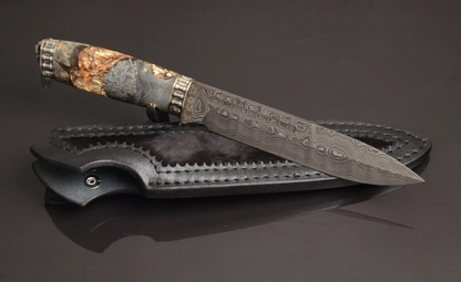 Luxury Damascus Steel Knife with Hybrid Handle and Leather Sheath - Elegant Knives