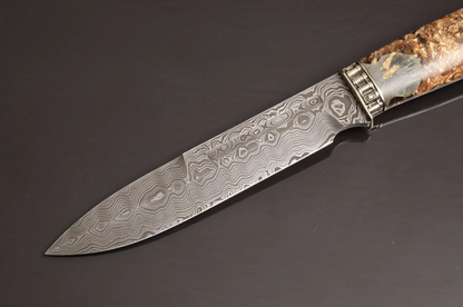 Luxury Damascus Steel Knife with Hybrid Handle and Leather Sheath - Elegant Knives
