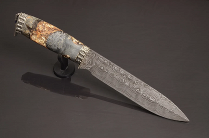 Luxury Damascus Steel Knife with Hybrid Handle and Leather Sheath - Elegant Knives