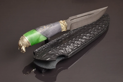 Collectible Damascus Steel Knife with Hybrid Handle and Leather Sheath