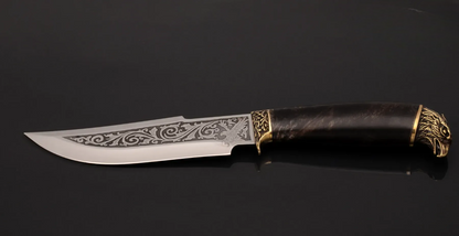 Falcon Motif Hunting Knife with Stainless Steel Blade and Burl Handle