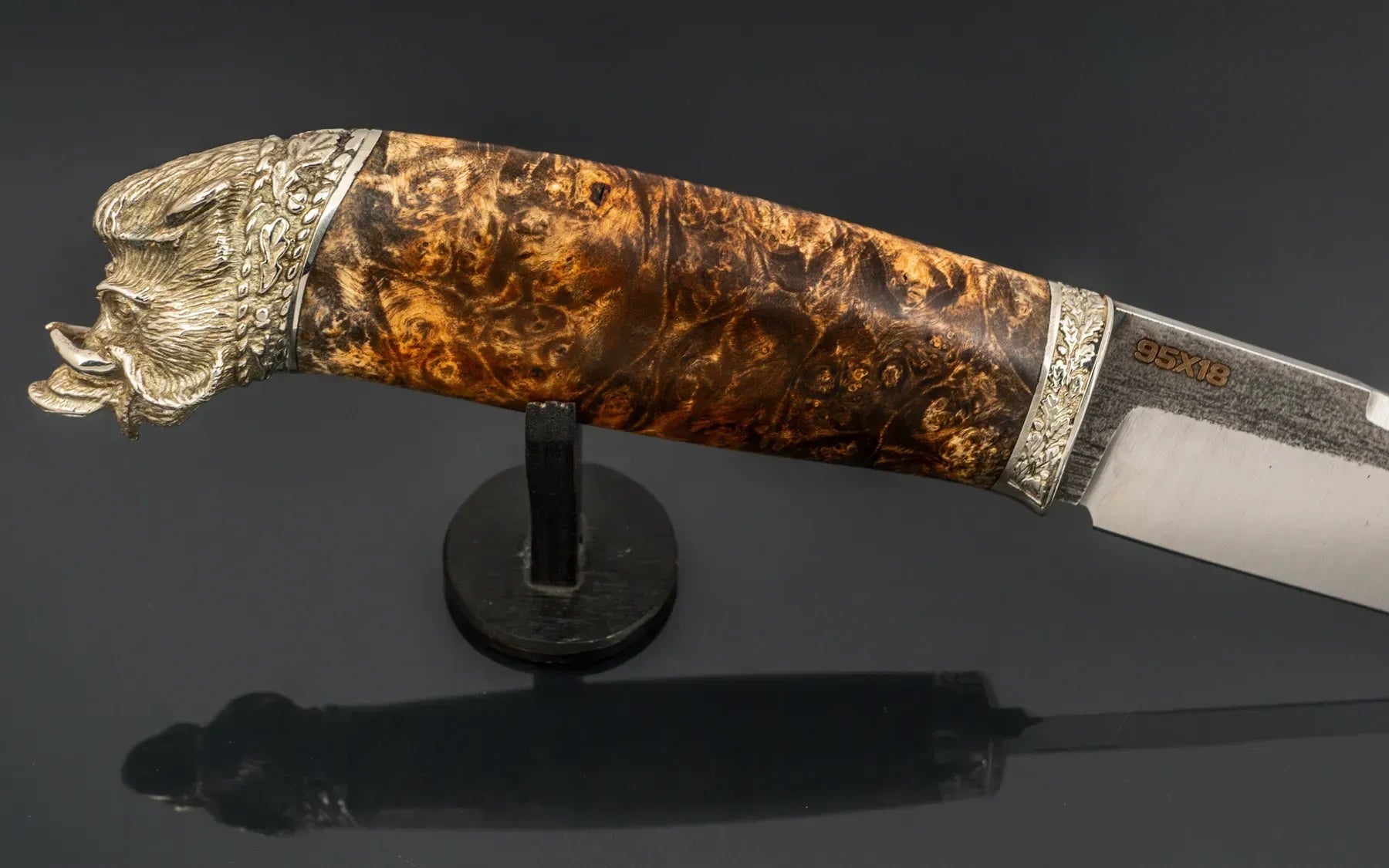 premium collectible knife with maple burl wood handle