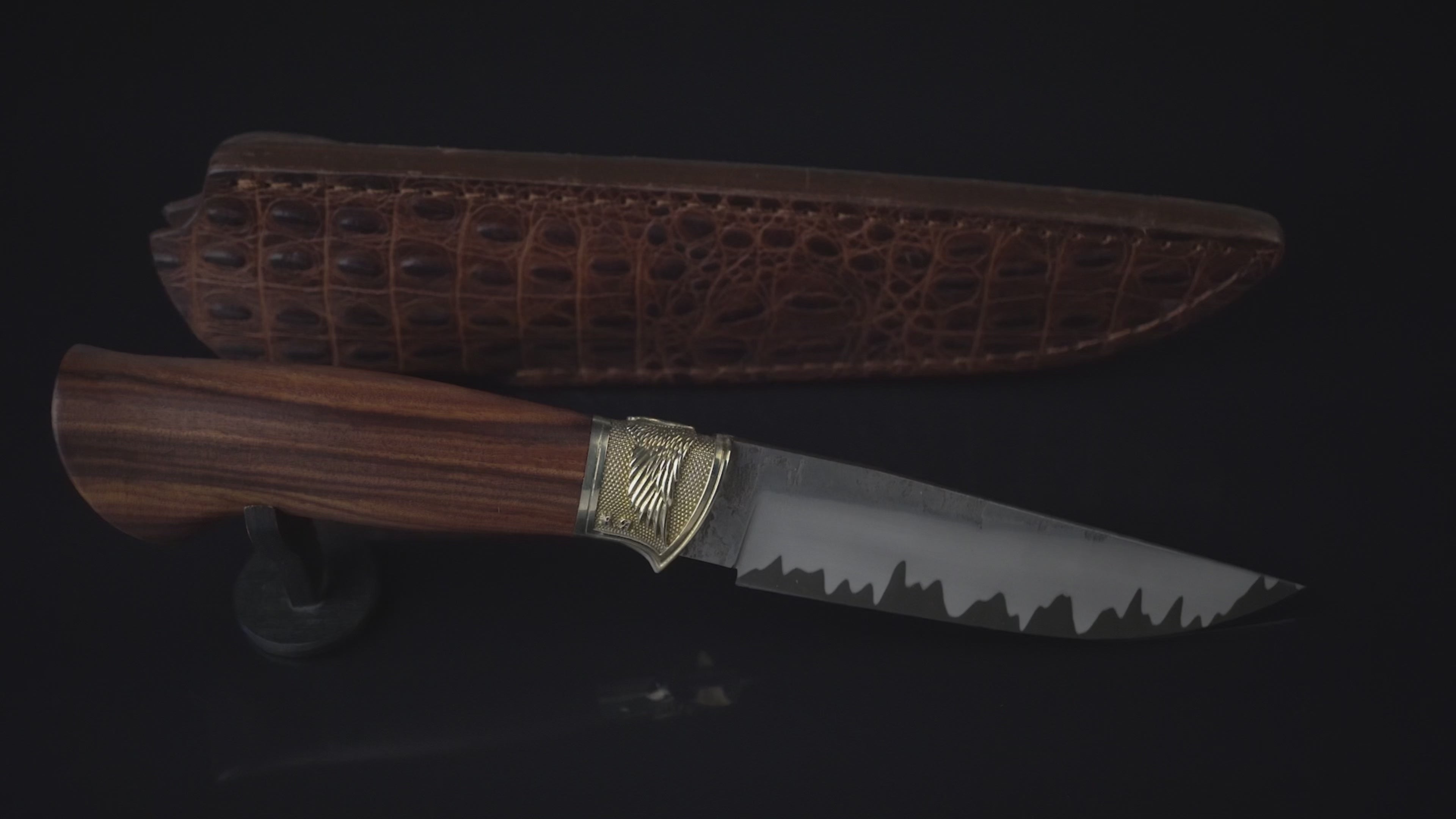 Blue Custom Knife S390 Core, Ironwood Handle, Leather Bag