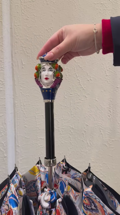 Sicilian Head Enameled Brass Handle Manual Opening Luxury Umbrella