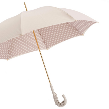 Leather Handle Ivory Manual Opening Umbrella with Dots, Double Cloth