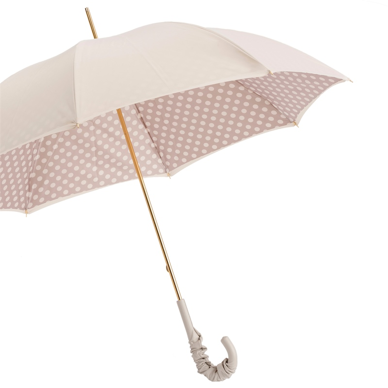 Leather Handle Ivory Manual Opening Umbrella with Dots, Double Cloth